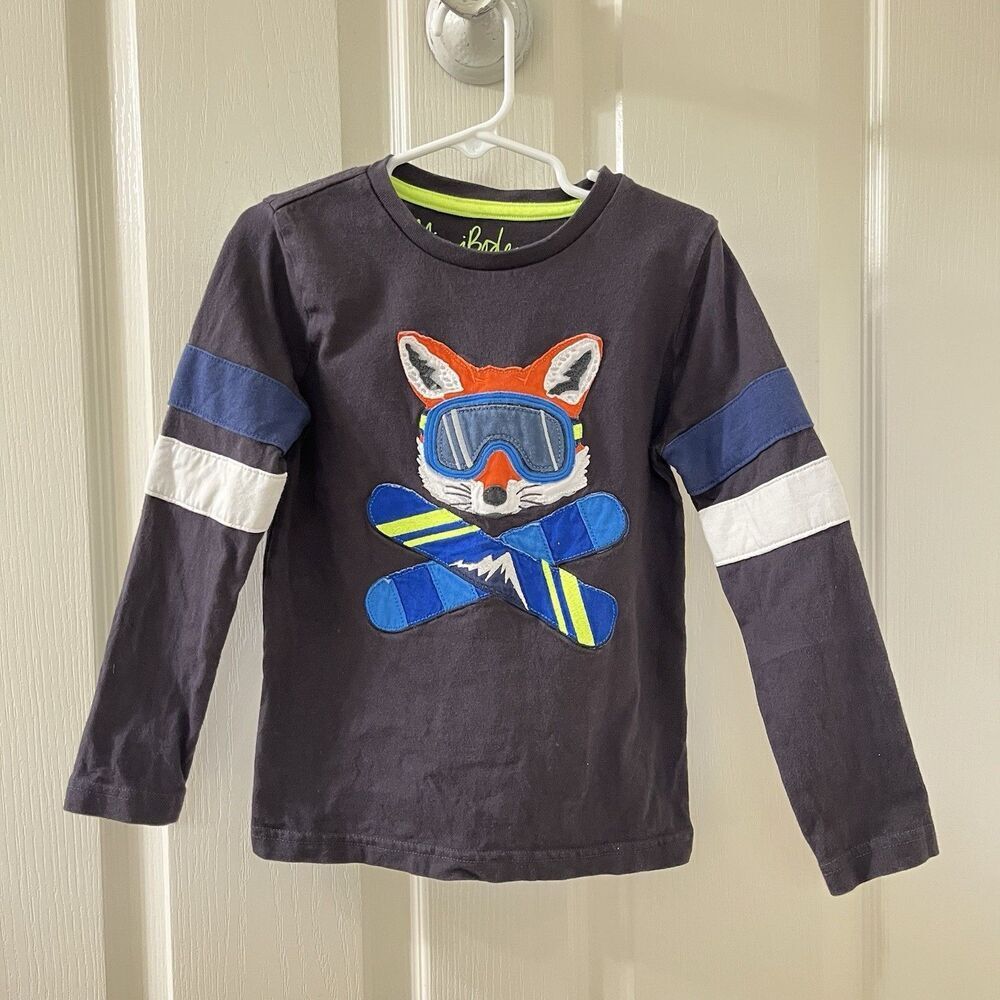 Mini Boden Snowboard Fox Applique Top Black Long Sleeve Boys Size 5-6 years